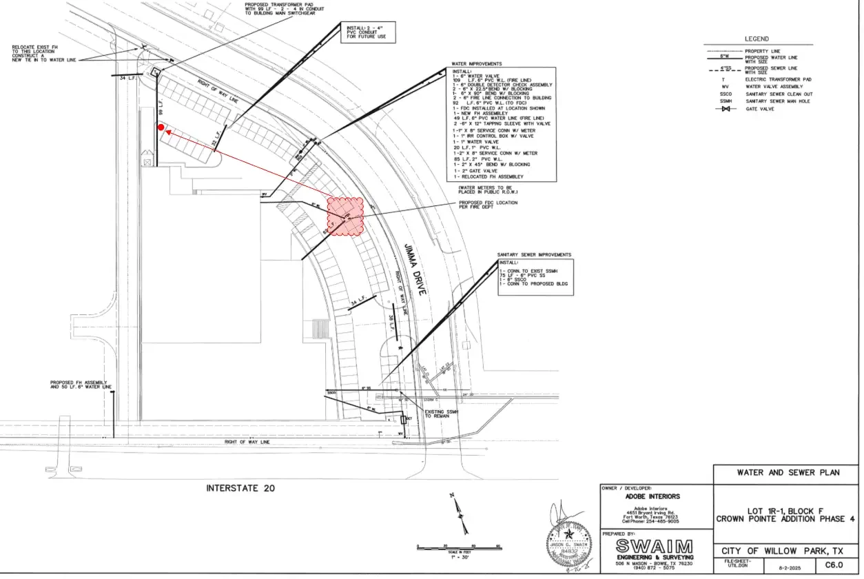 Sheet C6.0, water and sewer plan for Adobe Interiors